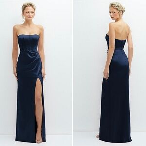 After Six Strapless Topstitched Corset Satin Maxi Dress With Draped Column Skirt